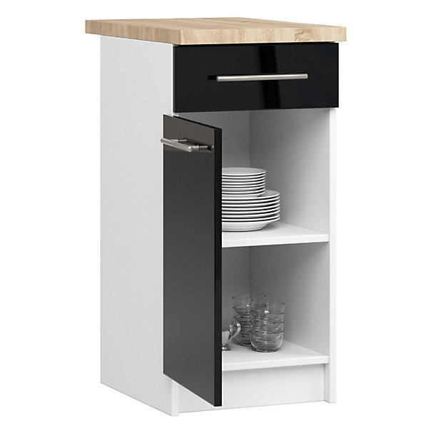 Meuble de cuisine sur pied : 1 tiroir, 1 porte, 2 étagères, blanc / noir brillant, 40 x 85 x 46 cm