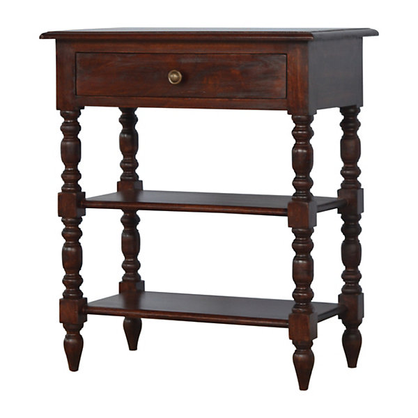 Artisan Furniture Bois massif tourné table d'appoint, 1 tiroir, 2 étagères, marron
