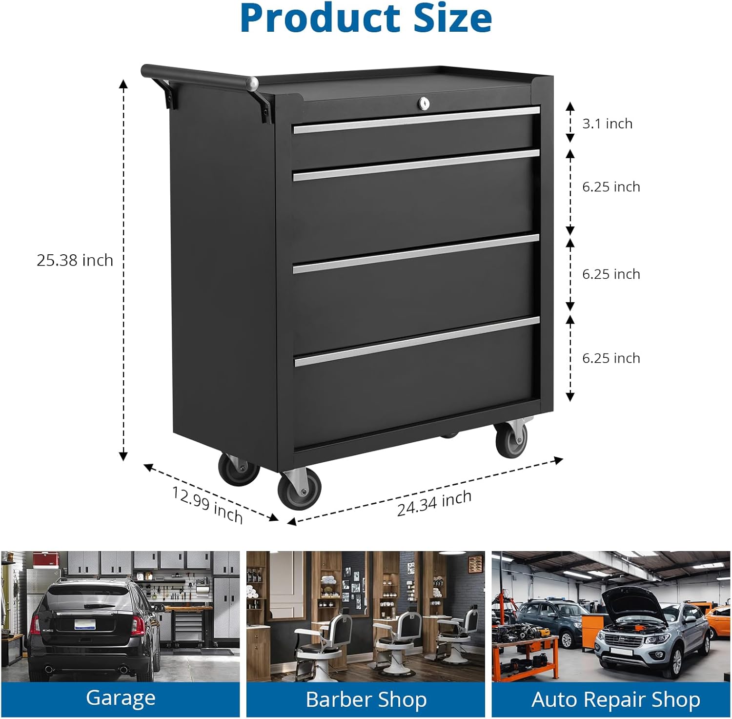 Heavy-Duty Rolling Tool Chest with 4 Lockable Drawers, Featuring a Sturdy Metal Cabinet and Smooth-Wheeling Mobility, Includes Protective Drawer Liners for Secure Storage