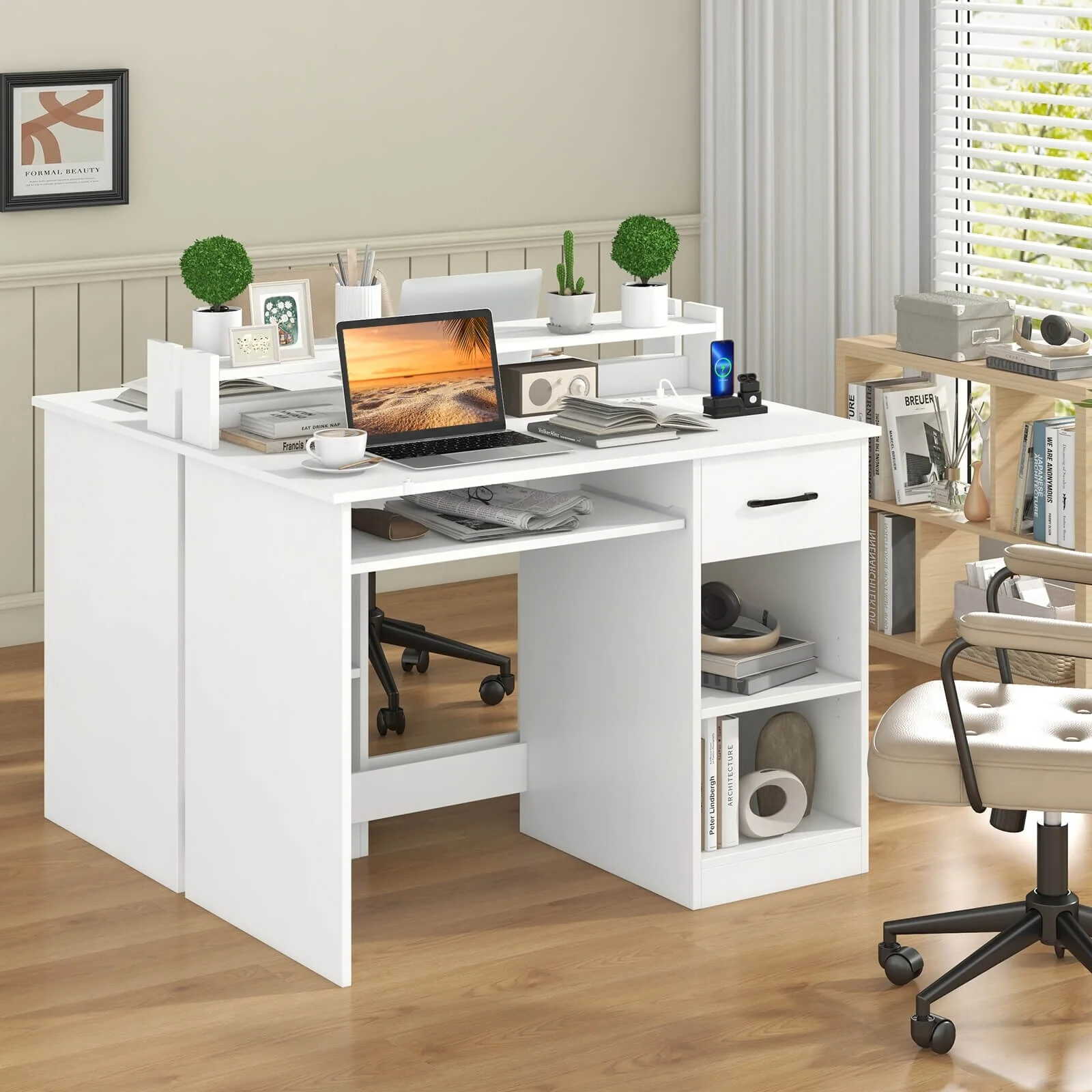 Costway White Computer Desk with Charging Station Drawer Removable & - See Details