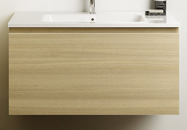 Meuble vasque suspendu effet chêne l.90 cm   plan vasque blanc brillant résine, Pura