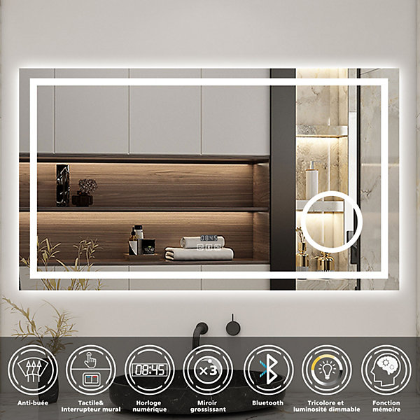 Miroir de salle de bain LED 80x60cm tricolore anti-buée   loupe   bluetooth   horloge   mémoire   dimmable, AICA SANITAIRE