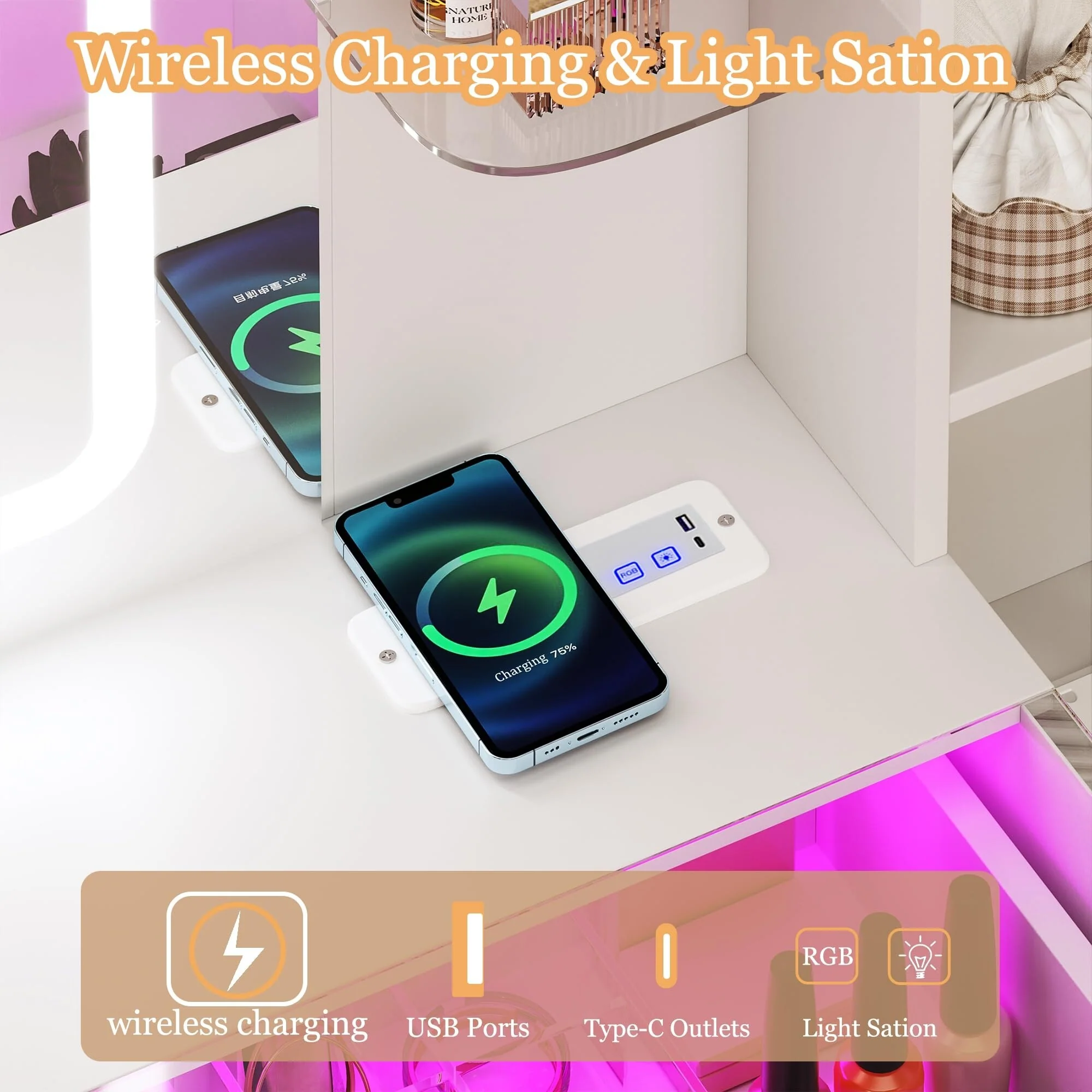 White LED Makeup Vanity Desk with Mirror Glass Top Wireless Charging RGB Drawers 3 Color Lights Power Outlet for Bedroom