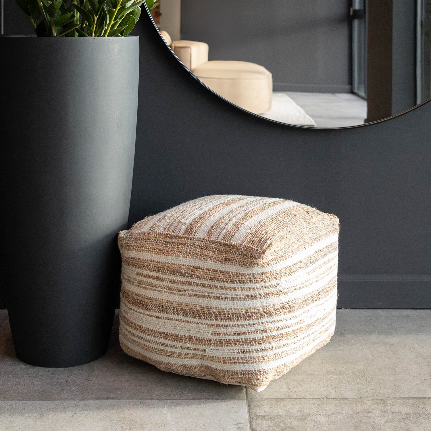 Atmooz Bykes Poef - 50x50x40 cm - Jute & Wol - Wit Grijs