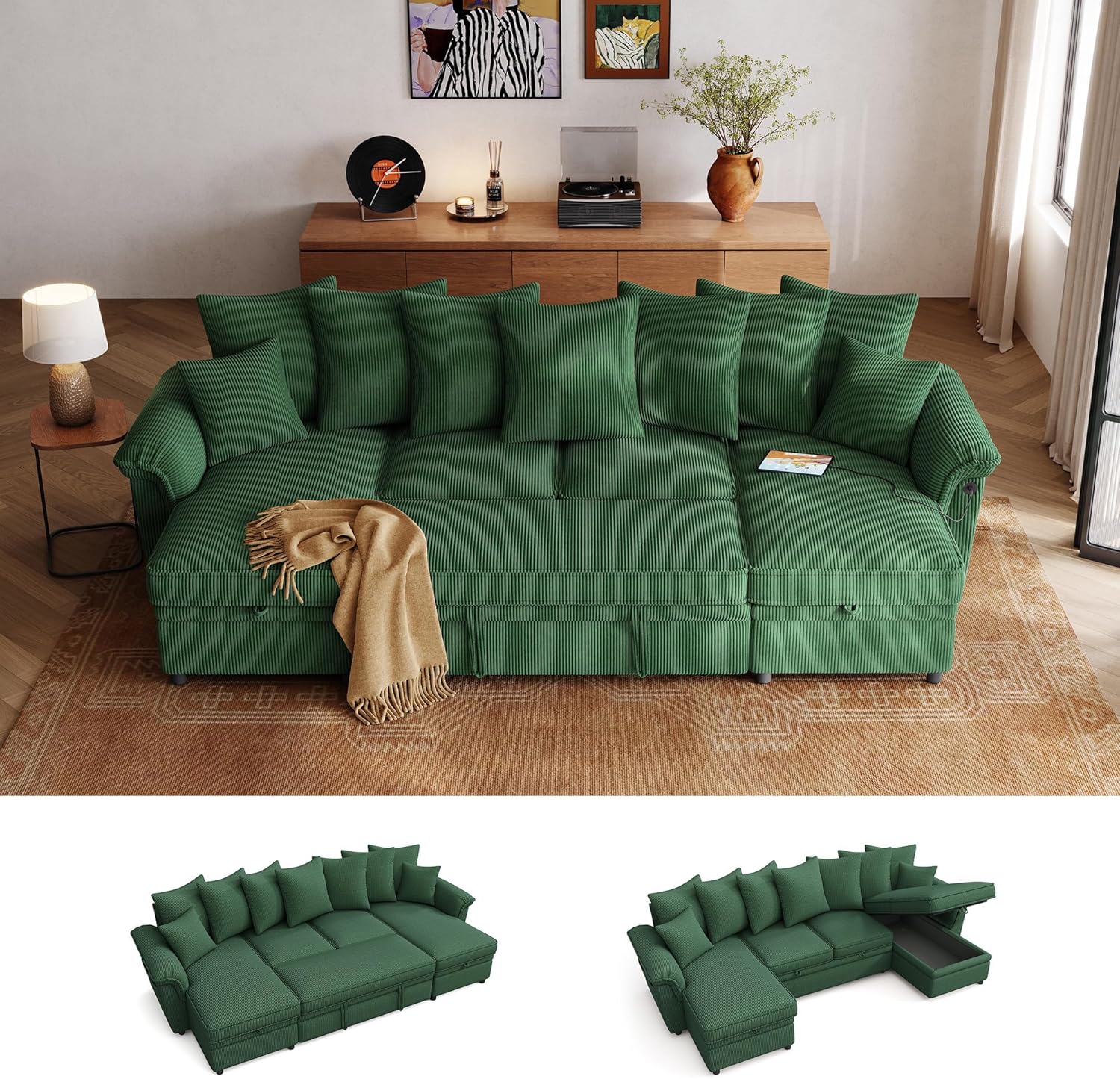 LINSY HOME Oversized Sectional Sleeper Sofa with Pull Out Couch Bed (Green, 118.5'') | USB Charging, Pillow-style Armrest, Multiple Cushions, Storage Chaise, Corduroy Fabric