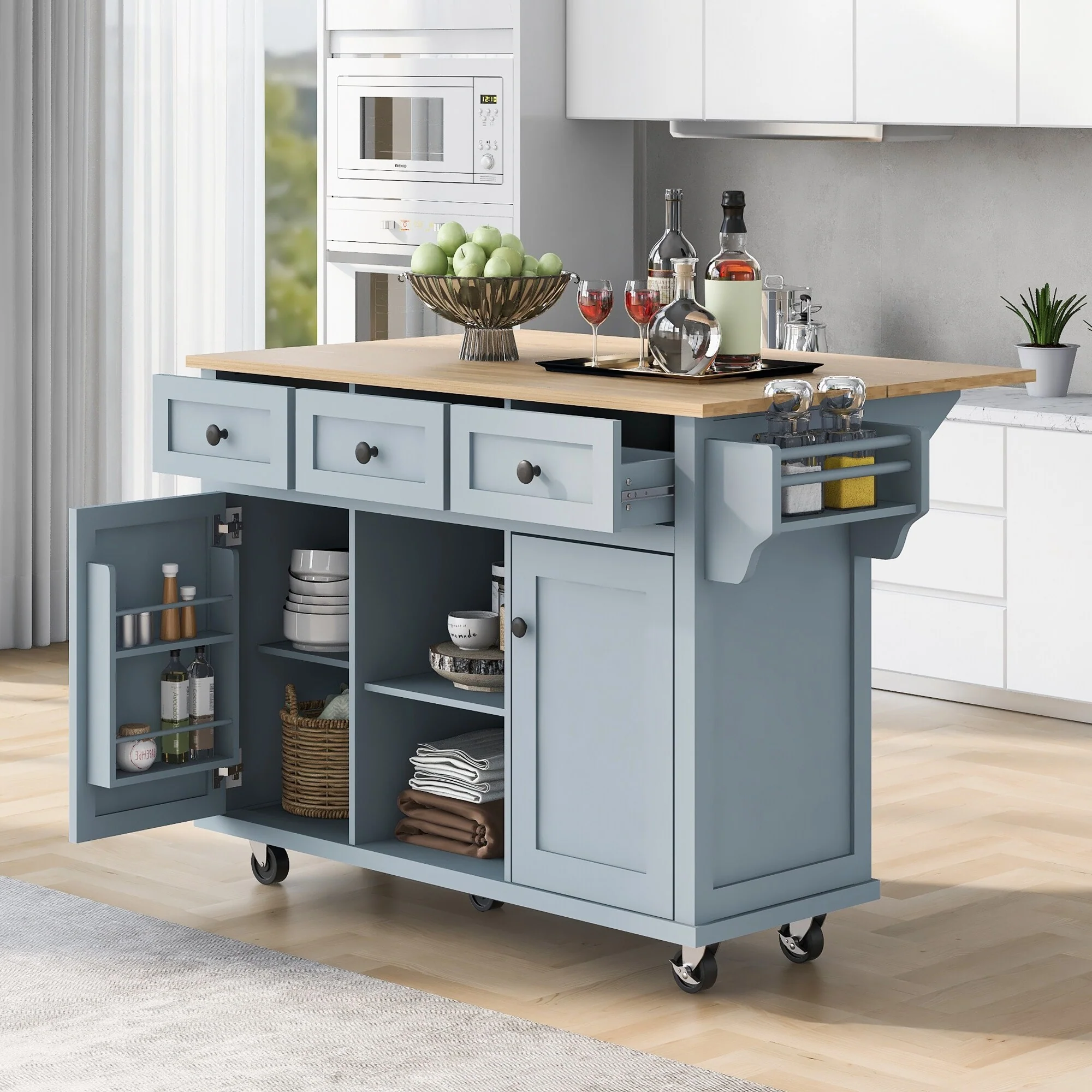 Mobile Kitchen Island Cart Cabinet with Cabinet Door Internal Storage Racks, 3 Drawers and Rubber Wood Drop-Leaf Countertop