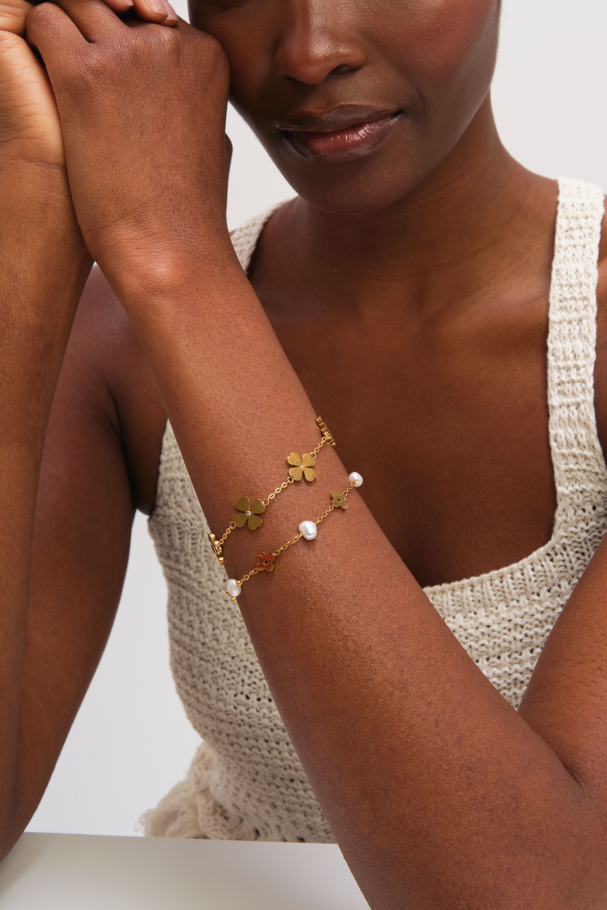 Jon Richard Gold Plated Waterproof Pearl and Floral Station Bracelet