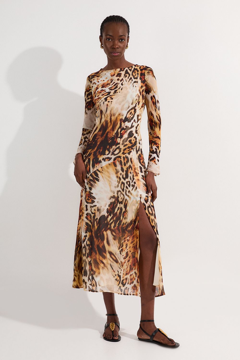 KarenMillen Sheer Viscose Georgette Sketchy Animal Woven Cowl Back Maxi Dress
