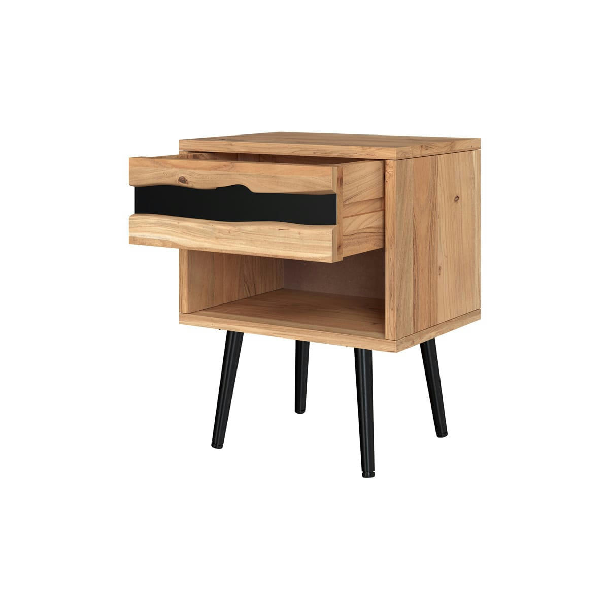 ALABAMA - Table de chevet en bois d'acacia et métal, 1 tiroir et 1 niche