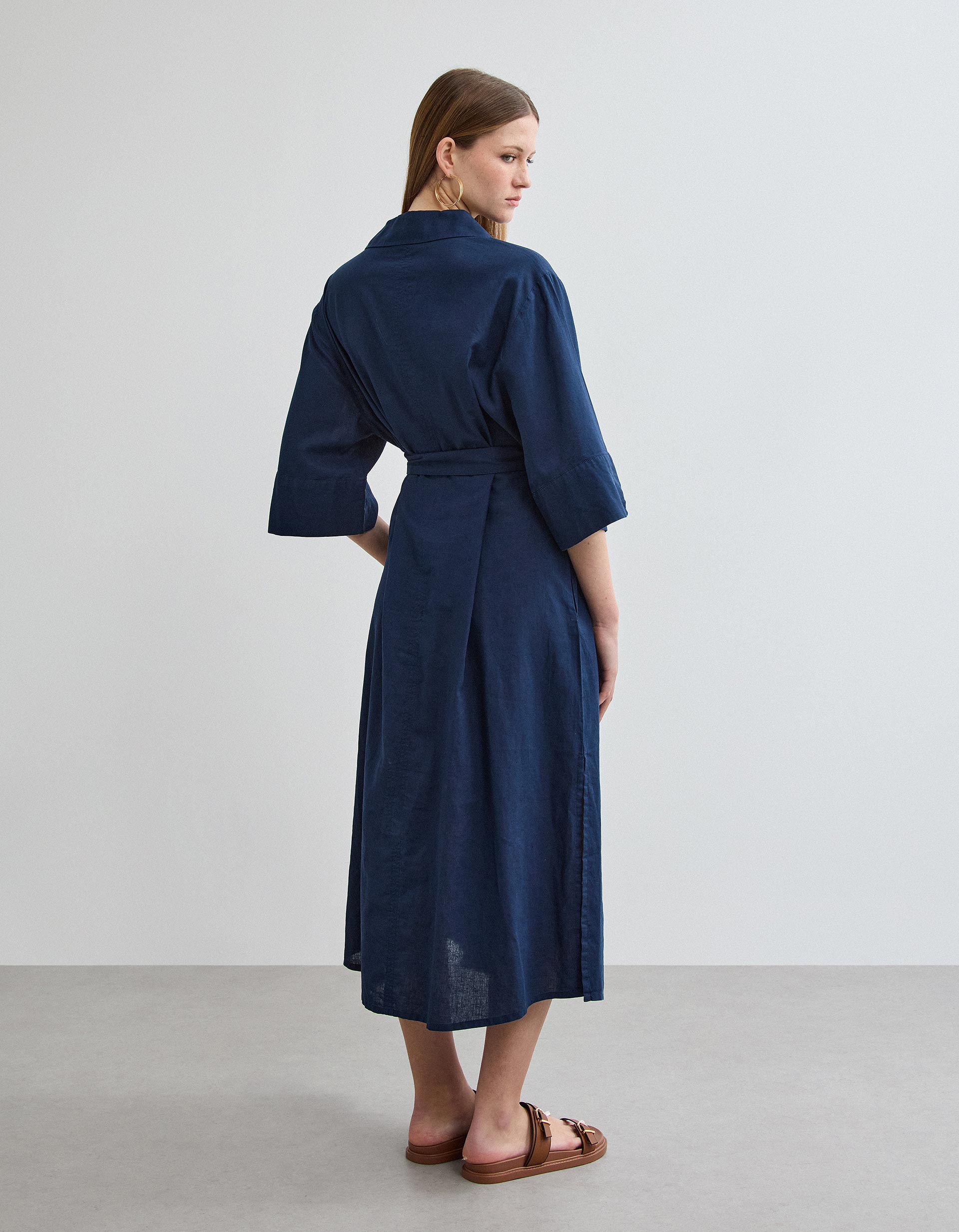Vestido com Linho, Mulher, Azul Escuro