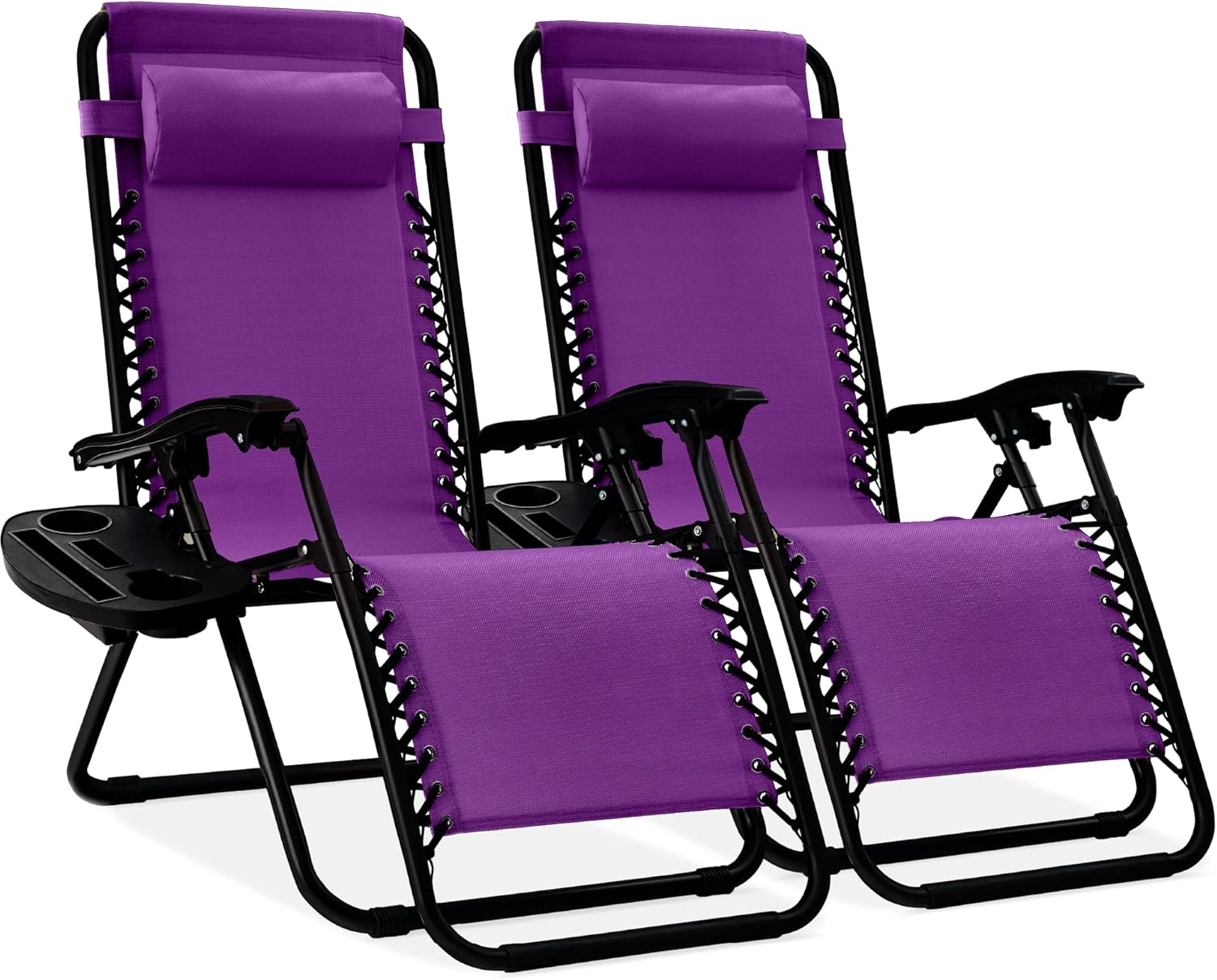Best Choice Products Set of 2 Adjustable Steel Mesh Zero Gravity Lounge Chair Recliners w/Pillows and Cup Holder Trays - Amethyst Purple