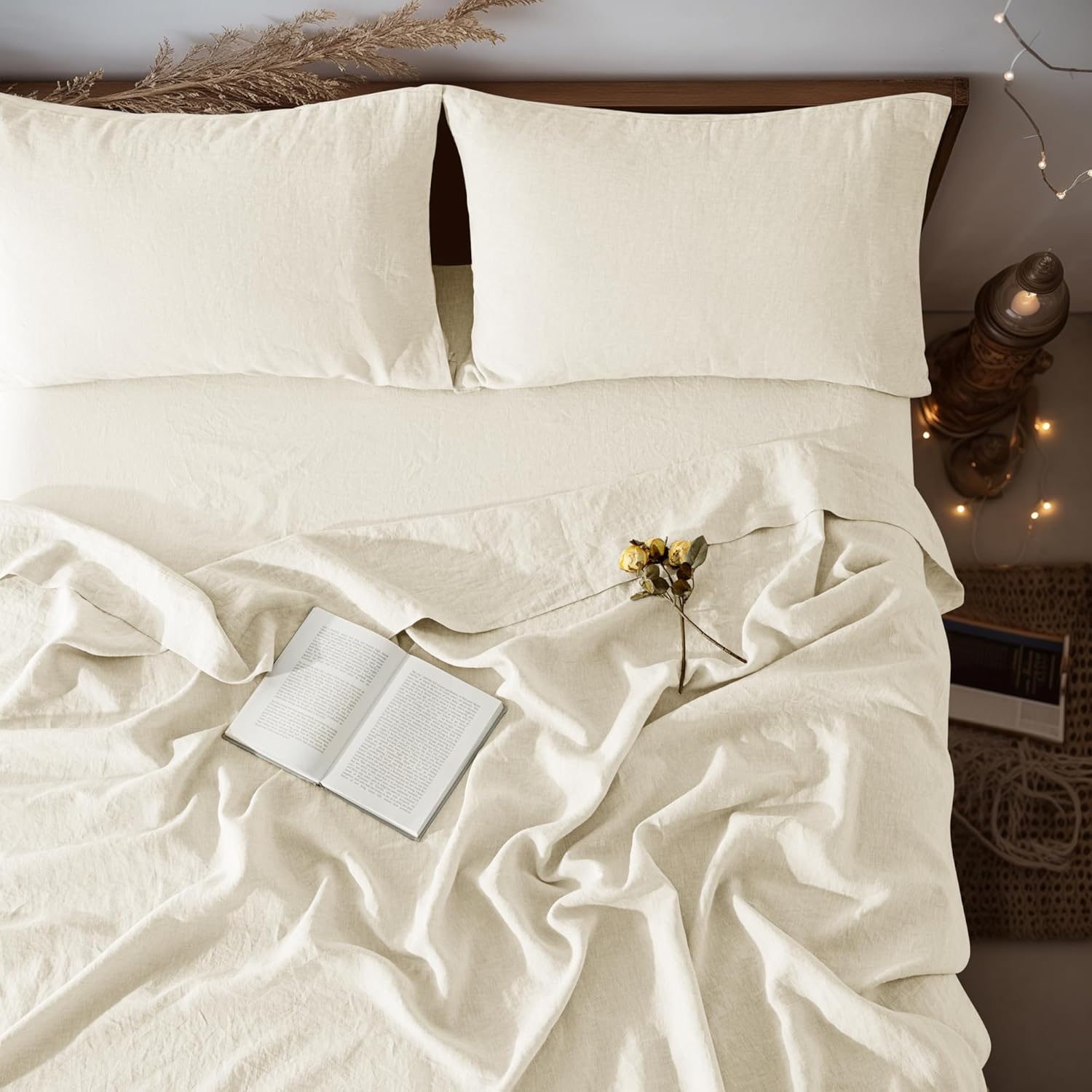 LBRO2M 100% Pure Linen Sheet Set Deep Pocket Up to 16 Bed Sheets Sets, Natural Flax Beddings Soft, Breathable, Comfortable for All Seasons 4 Pcs Sheet Set Queen Size, Beige