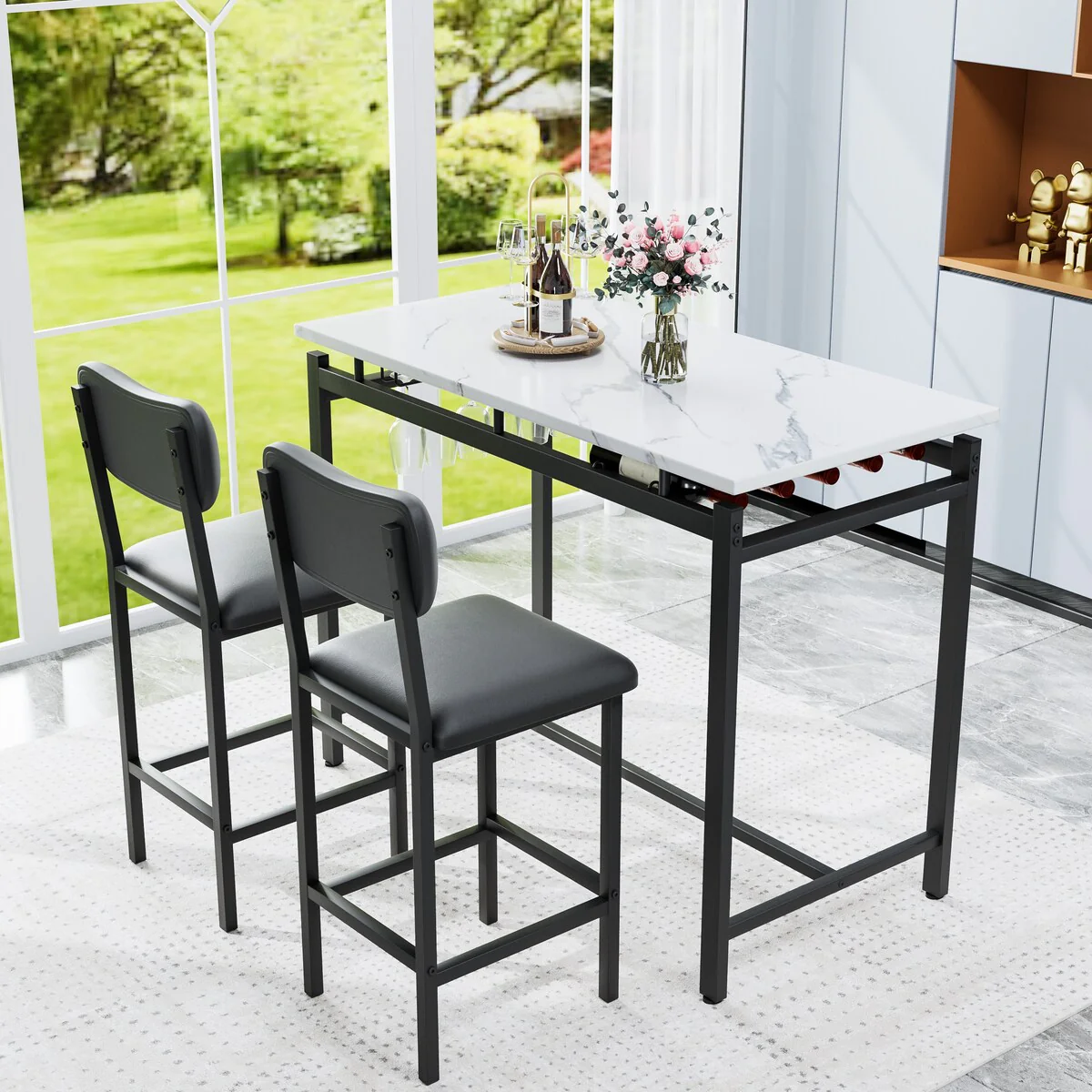 3 Piece Bar Dining Room Table Set with 2 Upholstered Chairs