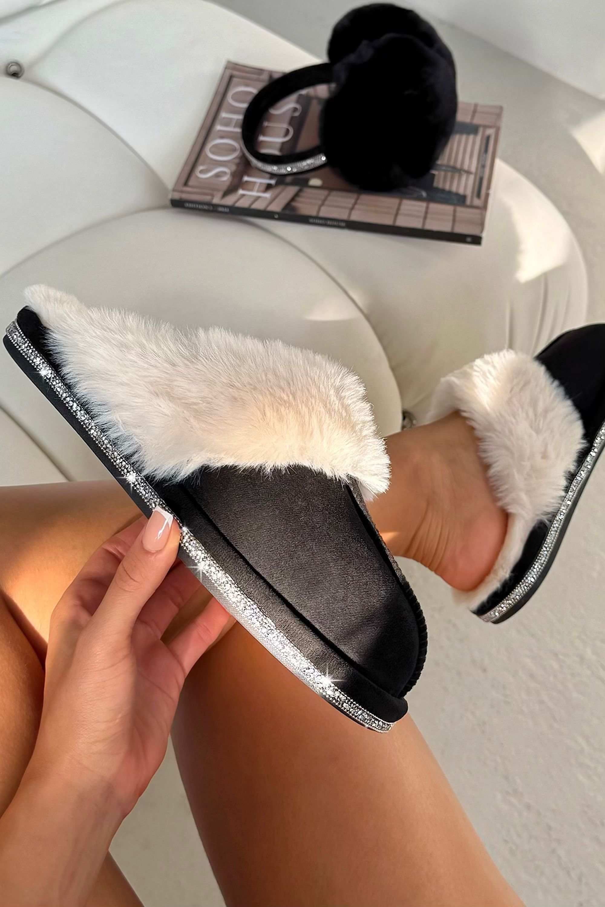 Love Lemonade Crystal Trim Soft Cosy Faux Fur Lined Slippers