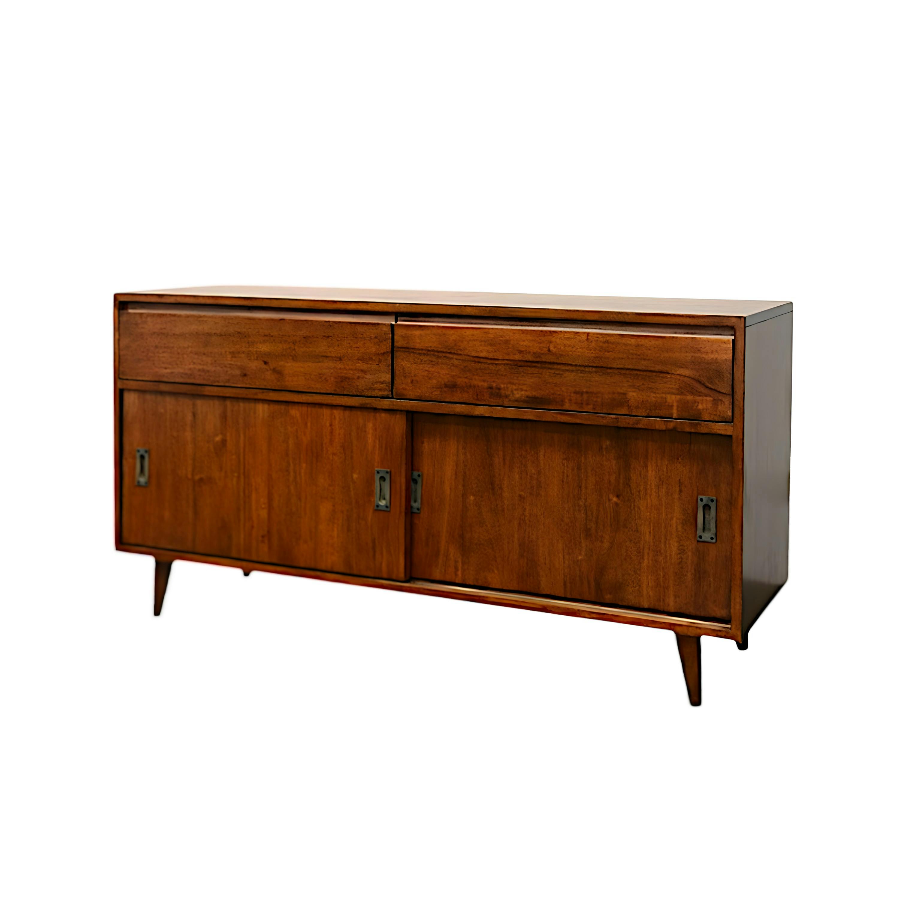 Meuble TV / Buffet Hévéa 2 portes coulissantes, 2 tiroirs 140x45x74cm SIXTIES