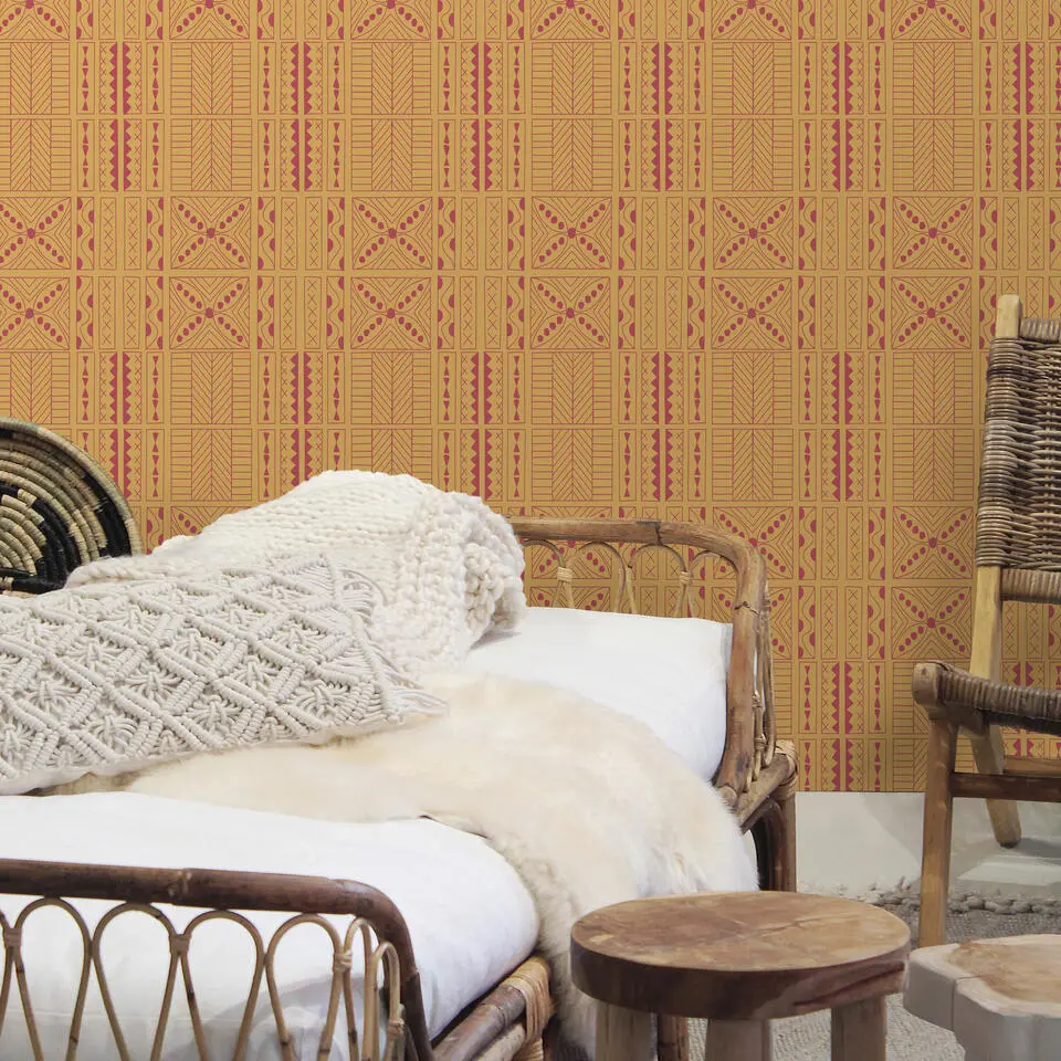 Walls4You behang etnisch motief oranje en koraalrood - 53 cm x 10 m