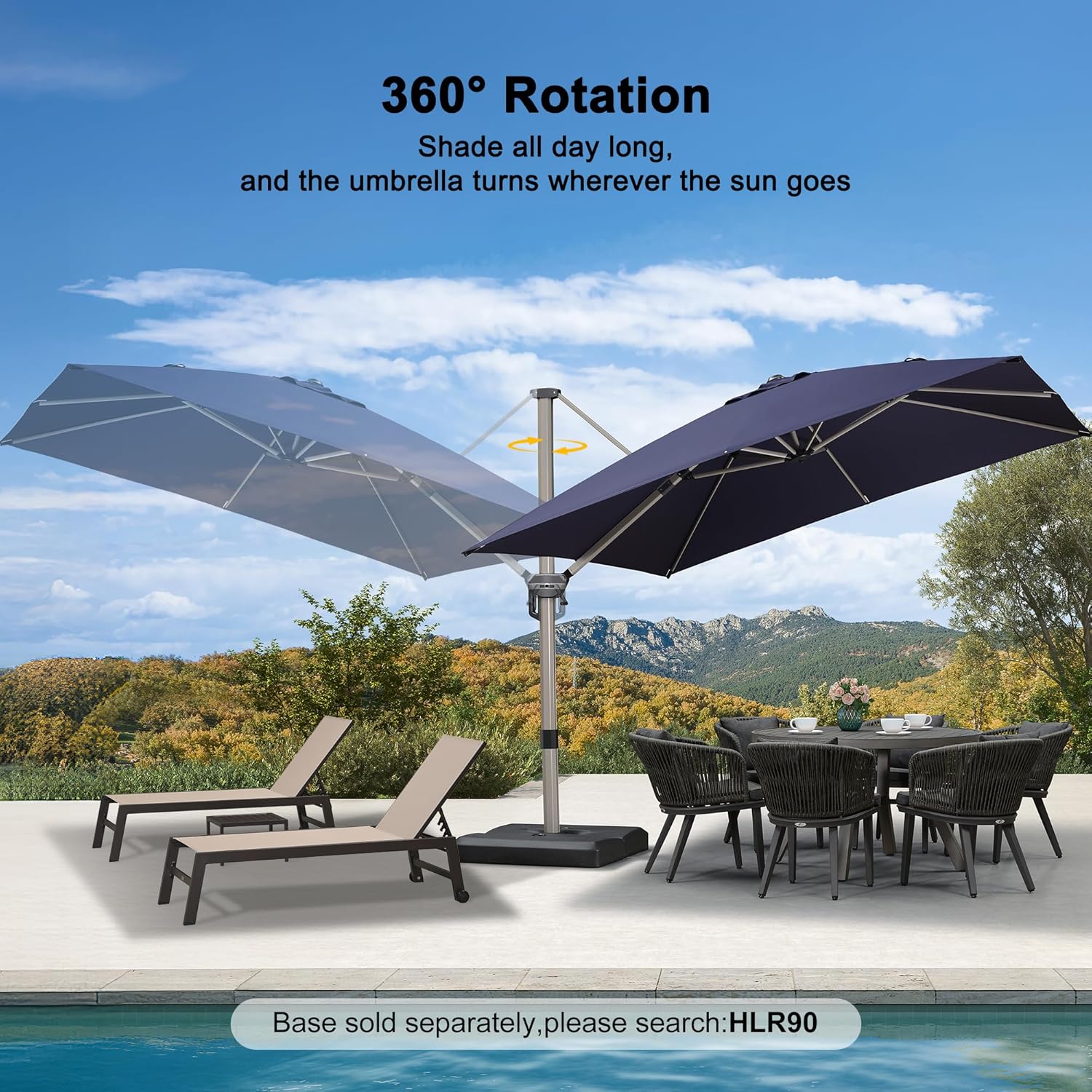 PURPLE LEAF 10’ X 10‘ Patio Umbrella Outdoor Cantilever Umbrella, Aluminum Offset Umbrella with Champagne Frame and 360° Rotation for Pool Deck Garden, Navy Blue