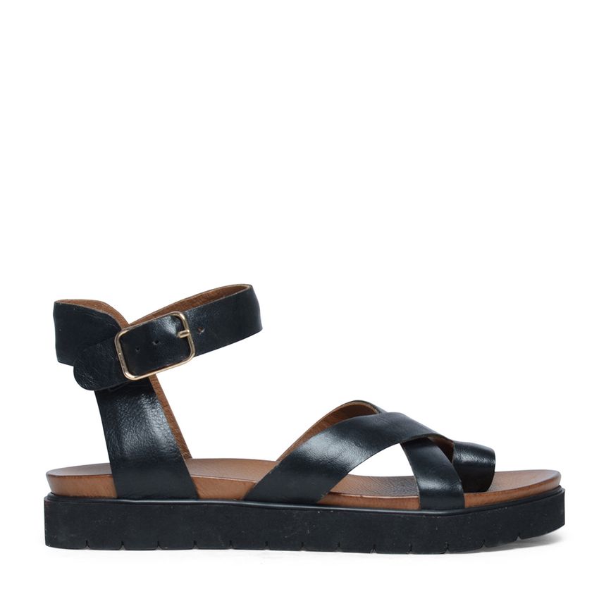 Manfield Zwarte leren plateau sandalen met gespsluiting