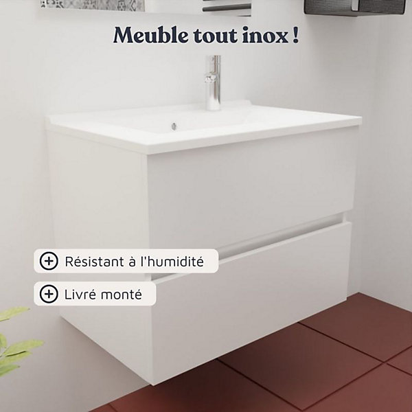 Caisson de salle de bain ROSALY INOX - 70 cm- Blanc- Plan vasque en