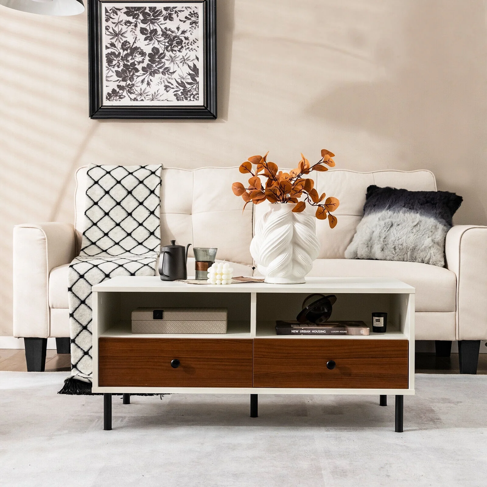 Gymax Coffee Table Modern Rectangle w/ Storage Shelf & Drawers Living