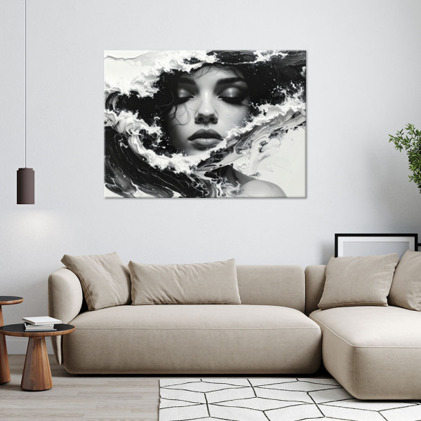 Obraz do salonu, Portret kobiecy czarno biały w stylu artystycznym 30x20