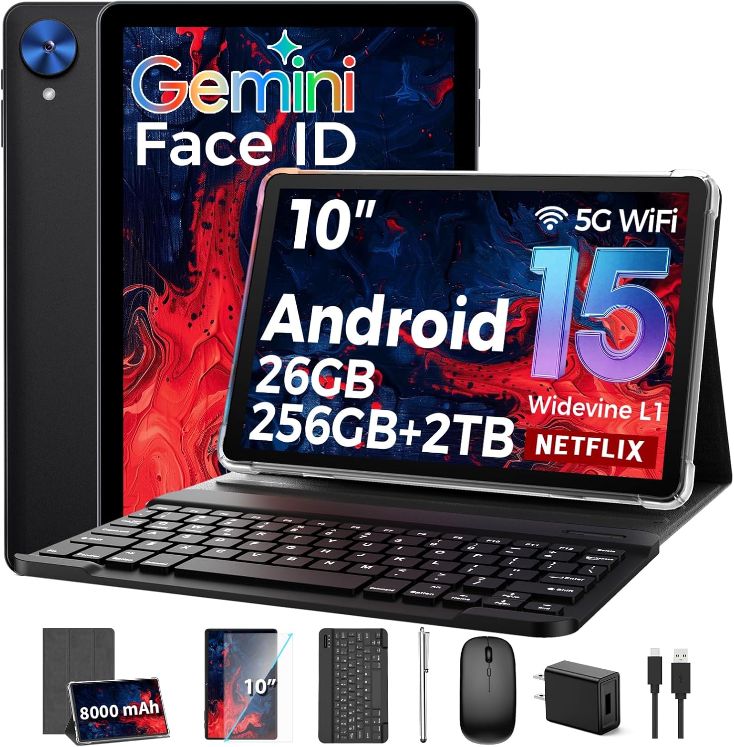 Tablet with Keyboard, 2026 Android 15 tablet with 26GB+256GB+2TB Expand, 10 Inch Tablet PC with 8-Core, Gemini AI, 5G WiFi, 8000mAh, BT5.0, GPS, Electronics Tablets with Case/Mouse/Stylus(Silver Case)