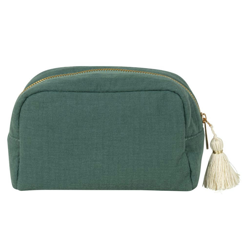 ESSENTIELLE - Trousse en gaze de coton verte et pompon 18x12