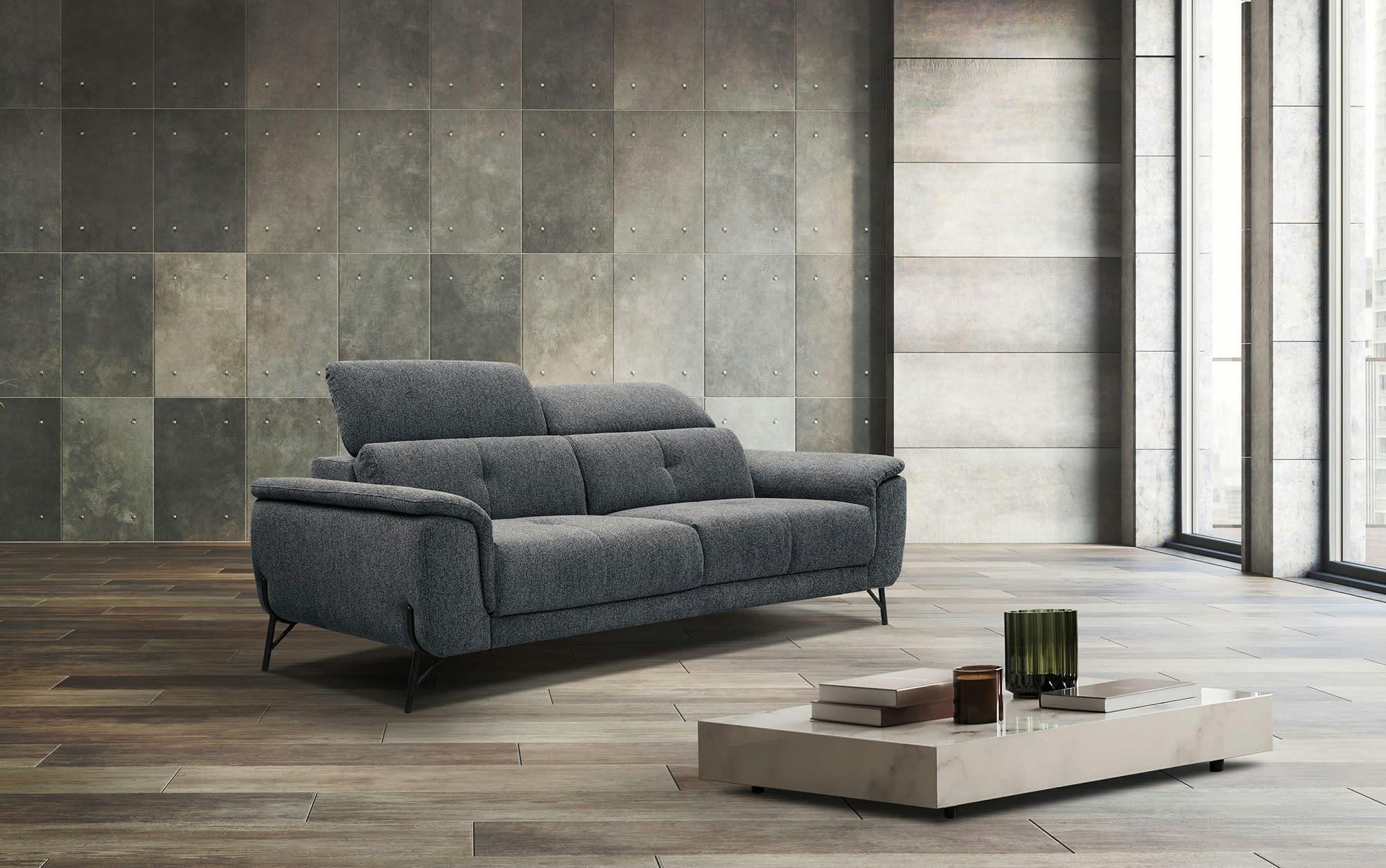 AVENA - Canapé droit 3 places XXL tissu gris foncé