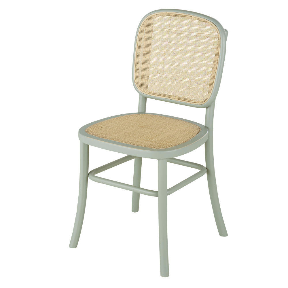 Esta - Chaise en bois de hêtre vert kaki effet vieilli cannage en rotin