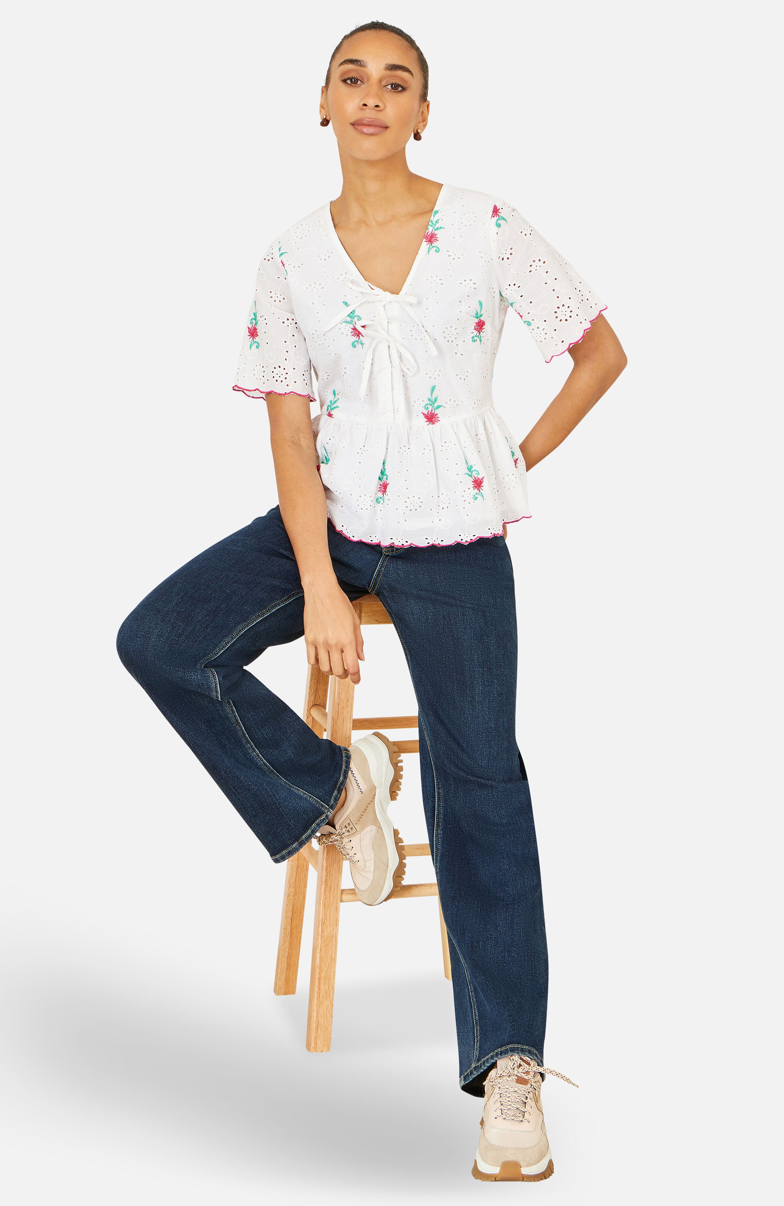 Yumi White Cotton Broderie Anglaise Embroidered Tie Top