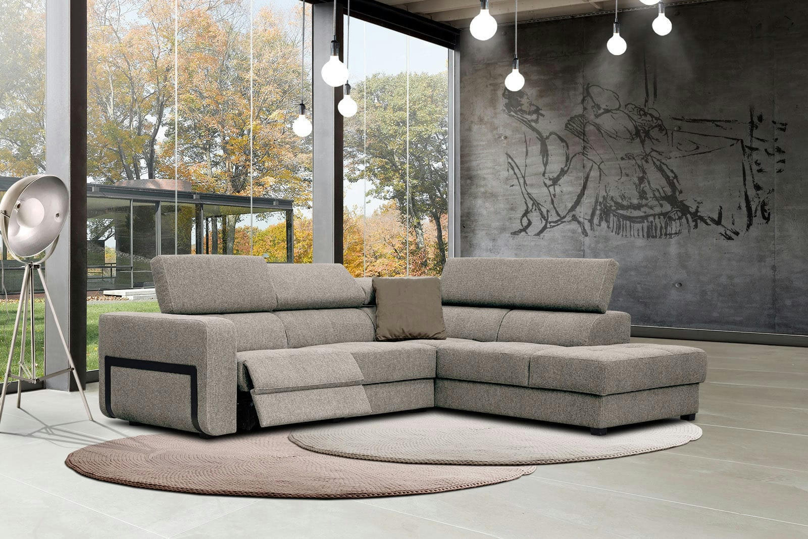 BERGO - Canapé d'angle droit 5 places avec une relax électrique tissu taupe