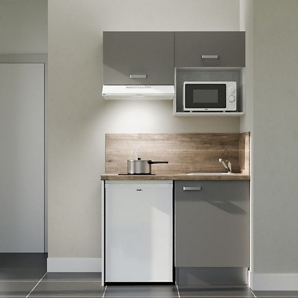 Kitchenette K02 façades Gris - Plan de travail Bois - Crédences : Oui - Evier inox - Electroménager Blanc inclus