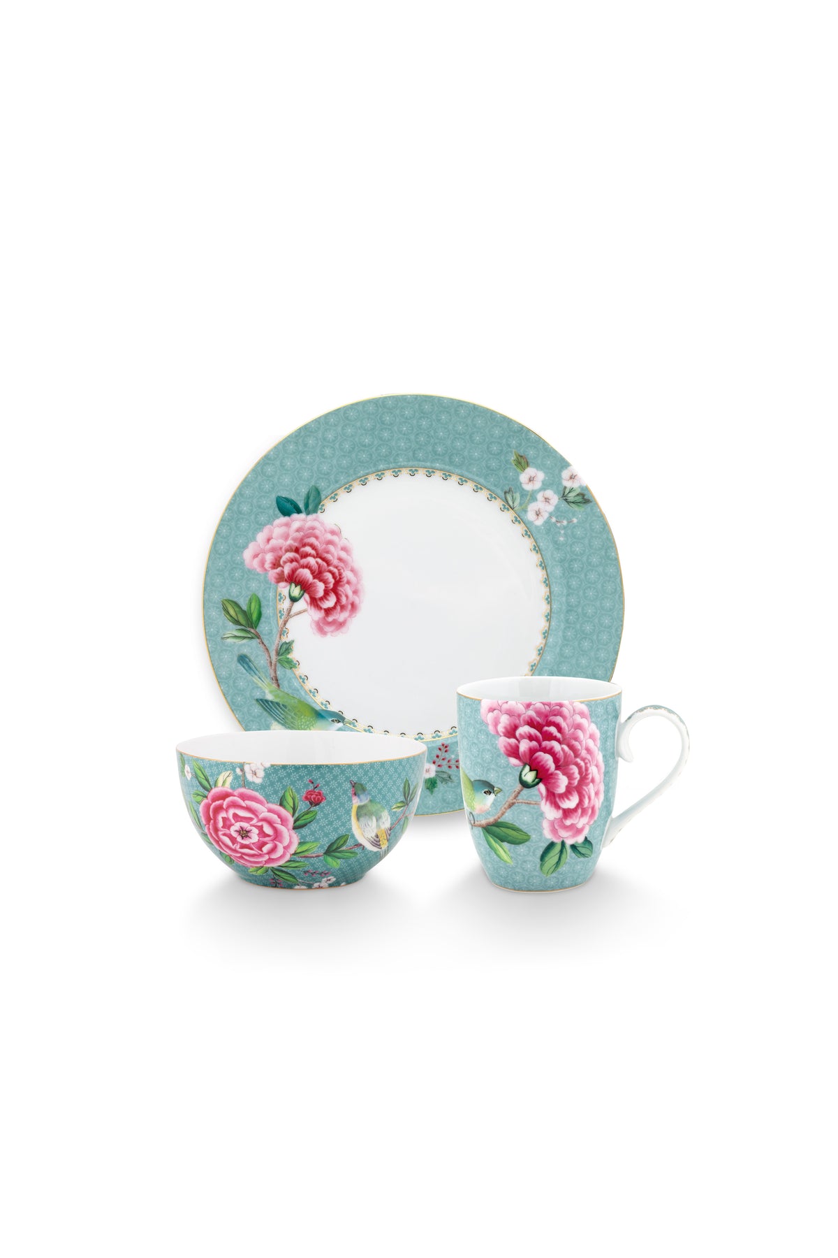 Pip Studio - Blushing Birds ontbijtset - Met ontbijtbord, mok en ontbijtkom - Blauw - Serviesset van 3