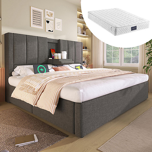 Lit double,160x200x85cm,lin gris,porte-gobelets recharge rangement hydraulique avec matelas