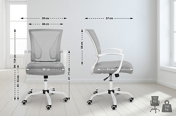 Fauteuil Bureau Ergonomique Tracy, Hauteur Réglable, Revêtement Maille, Accoudoirs, Chaise Bureau Ergonomique Grisclair/Blanc