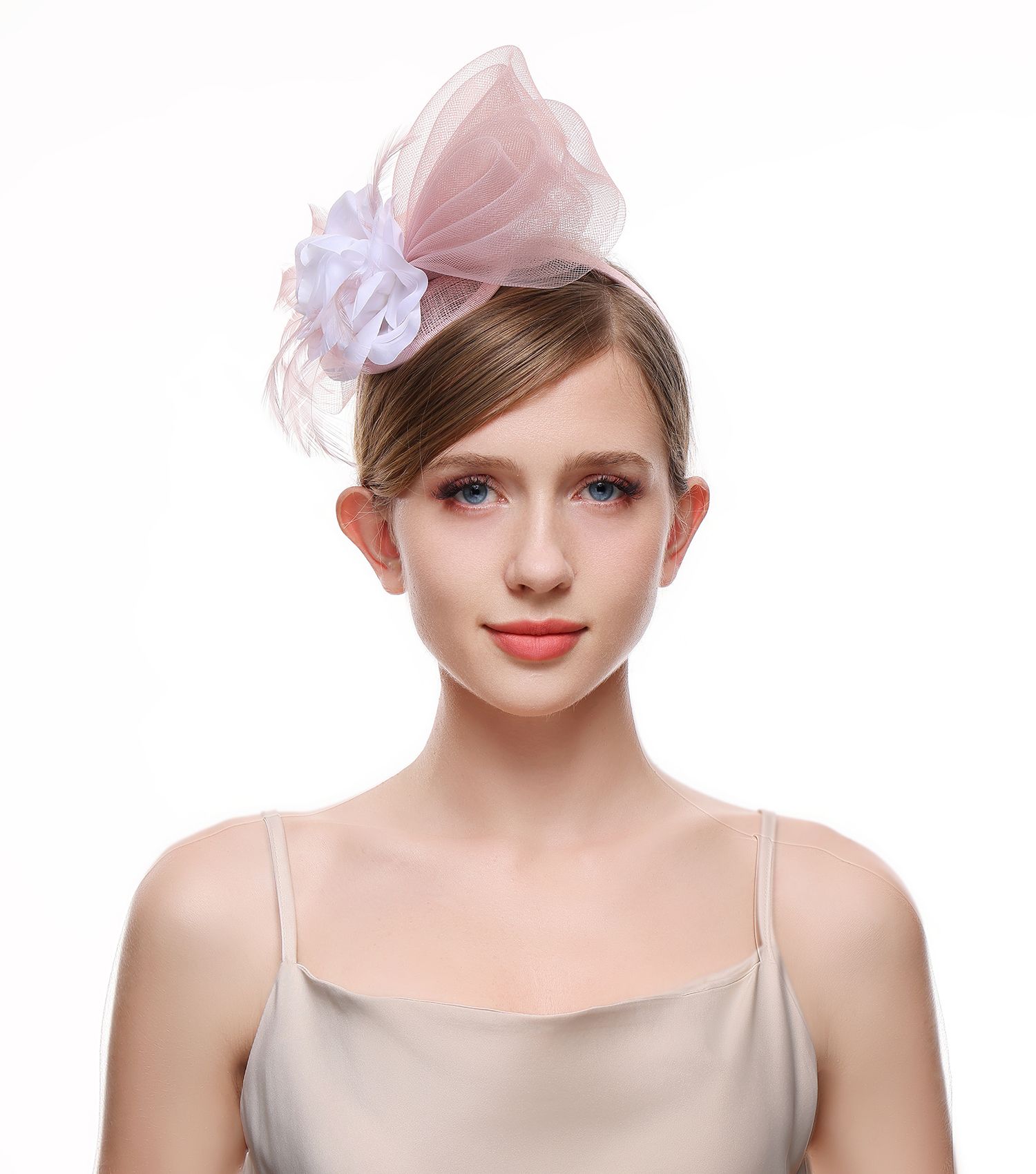 PEACH ACCESSORIES Mesh Fascinator with White Floral Accent