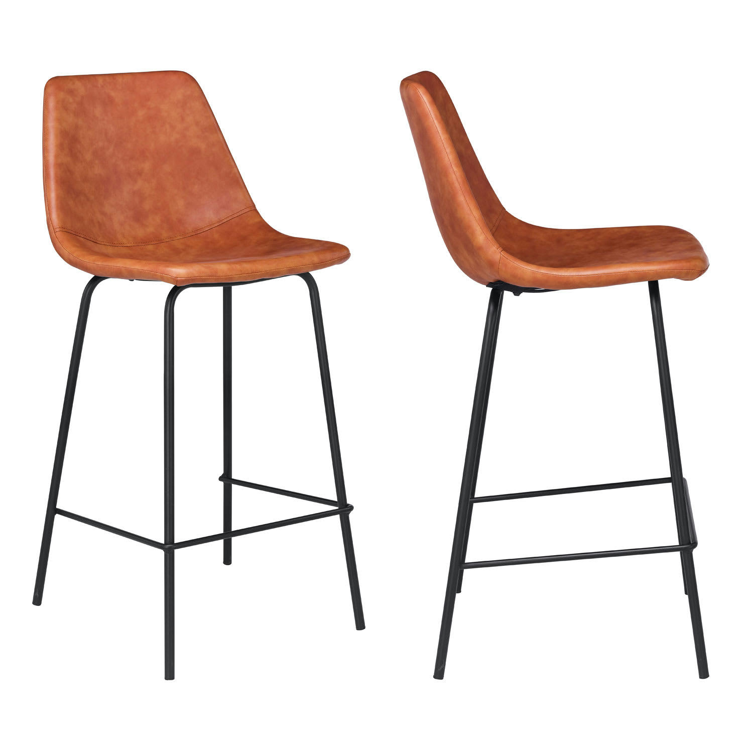 LUCIEN - Lot de 2 tabourets de bar vintage 65cm en simili cuir cognac