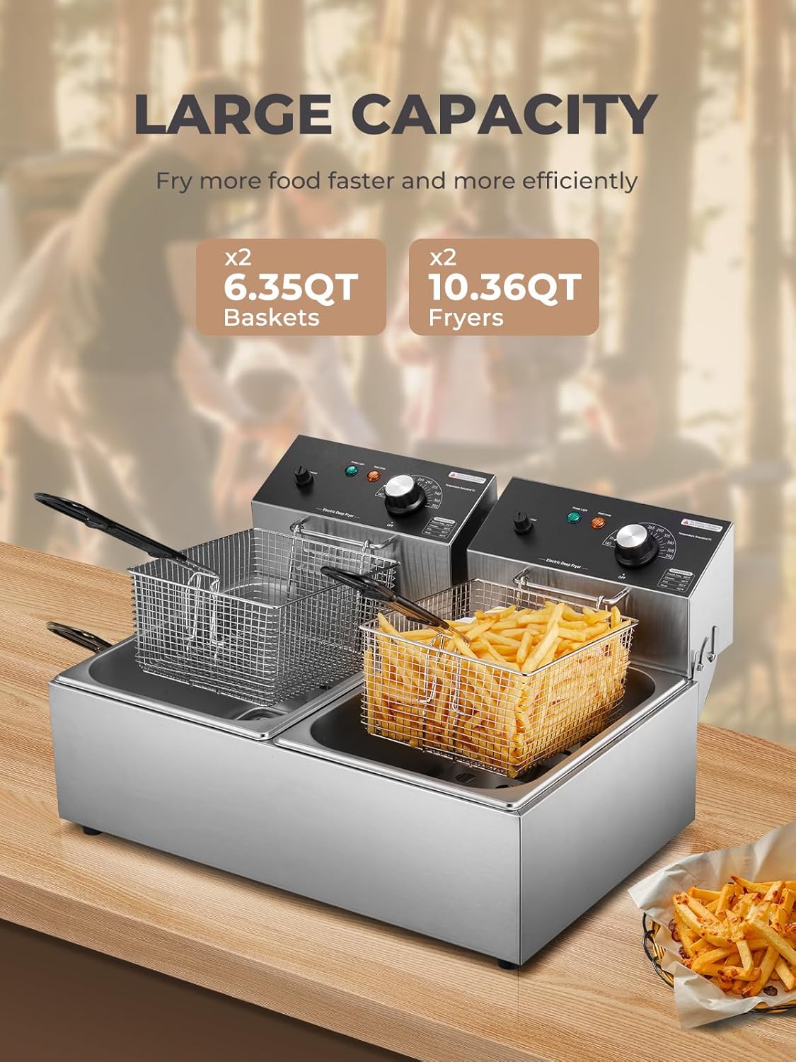 HOUSNAT Commercial Deep Fryer with Basket, 3400W 20.7QT/19.6L Electric Deep Fryer with 2 x 6.35 QT Removable Baskets, Stainless Steel Countertop Fryer for Restaurant or Home Use