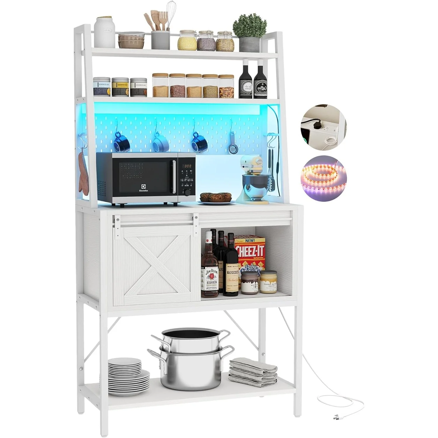 Moasis 5 Tier Kitchen LED Bakers Rack with Sliding Storage and Shelves Bar Table with Power Outlet