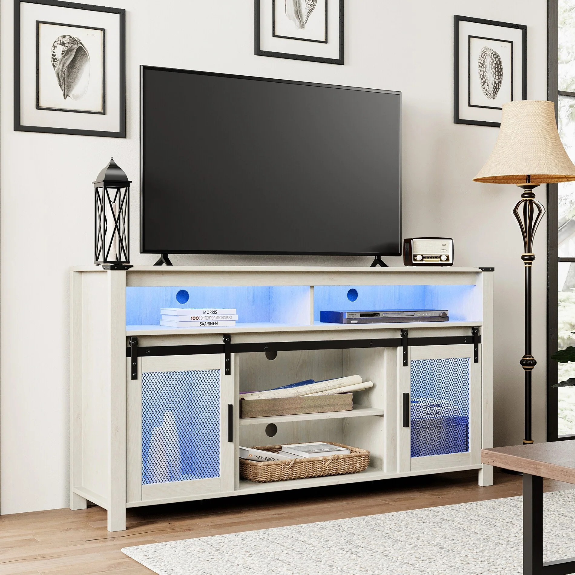 Farmhouse LED TV Stand with Mesh Barn Doors for Living Room, 32 H