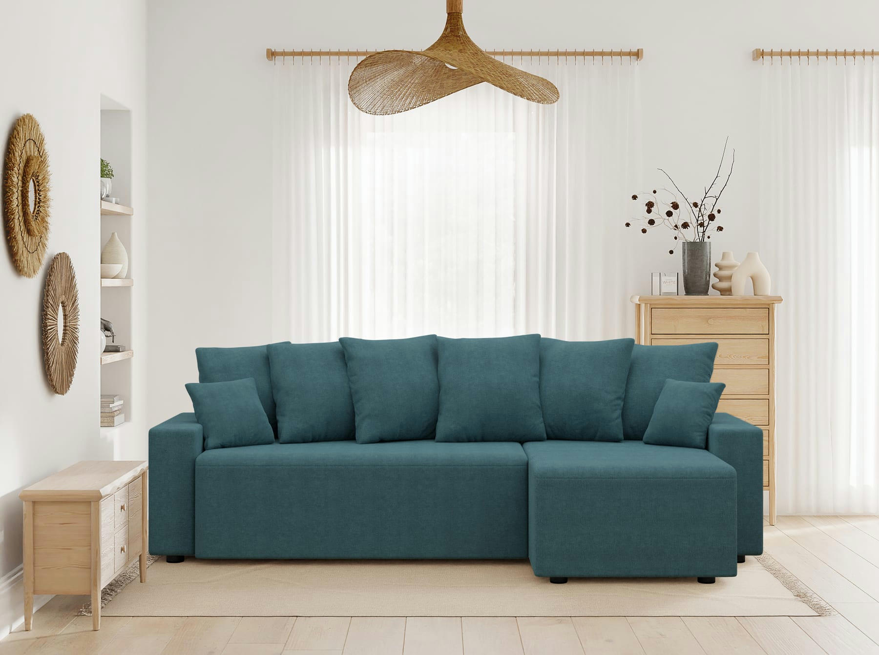 ALMA - Canapé d'angle convertible en tissu 4 places bleu paon