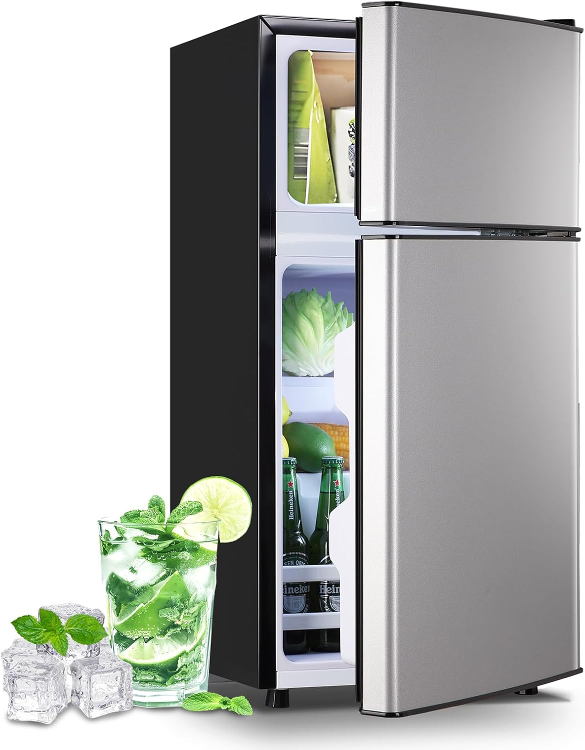 DEMULLER 2.4 Cu.Ft Small Refrigerator with Freezer Dorm Mini Fridge Removable Plastic Shelves Ideal for Home, Office,Dormitory Silver