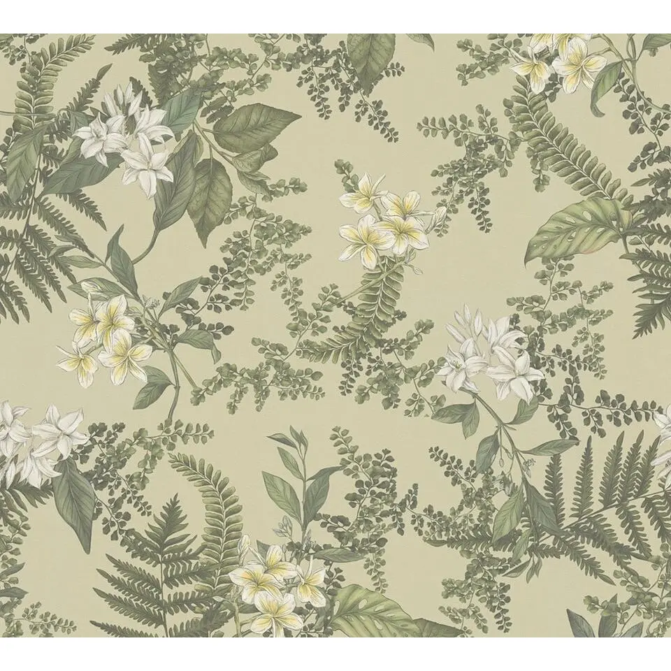 Livingwalls behang planten groen, donkergroen, wit en geel - 53 cm x 10.05 m