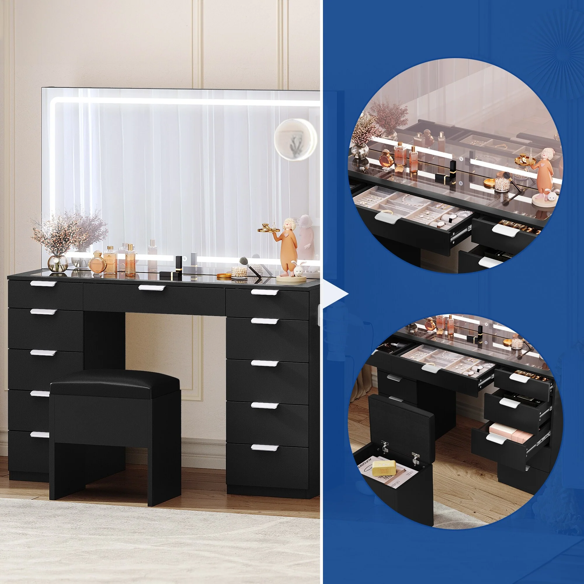 Moasis 55Black Vanity Desk with Stool Lighted Mirror Makeup Table