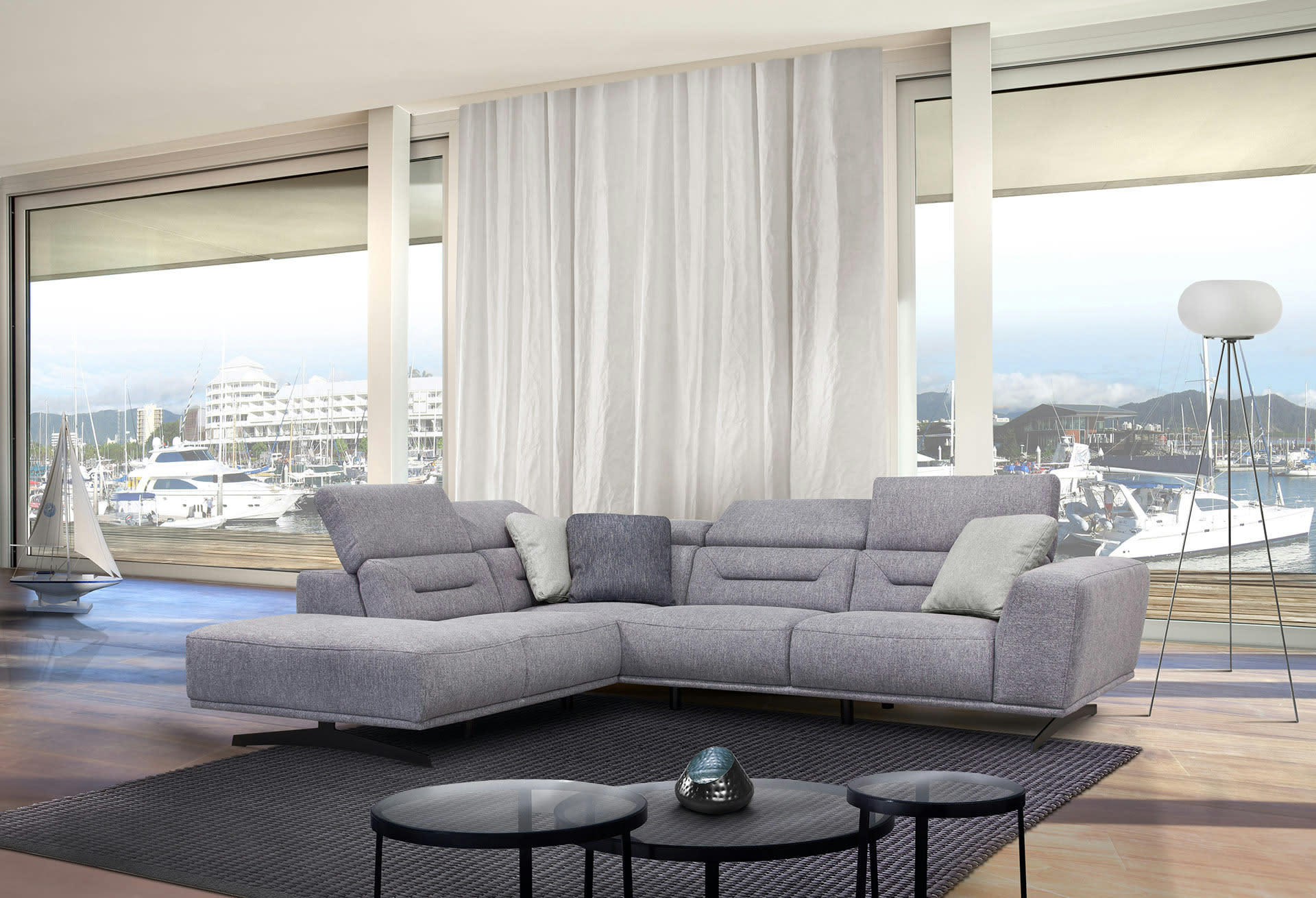 LUCANO - Canapé d'angle gauche 5 places tissu bleu clair