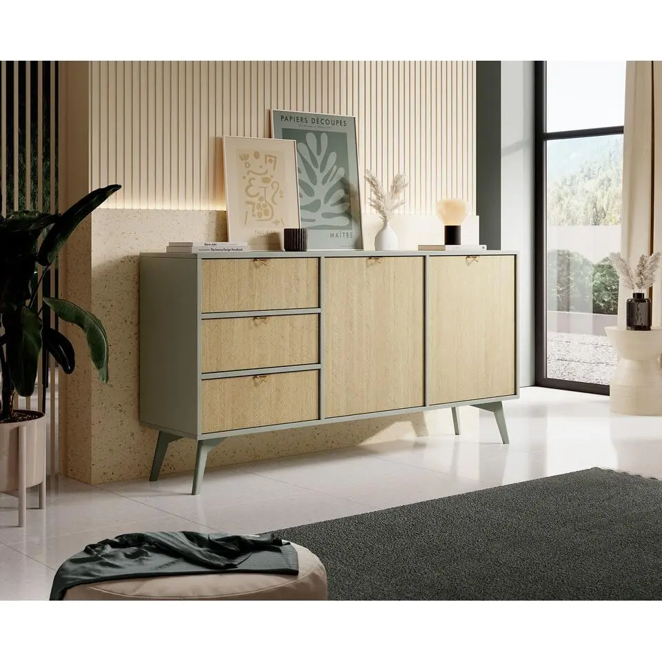 Meubella - Dressoir Essence - Groen - Licht eiken - 158 cm