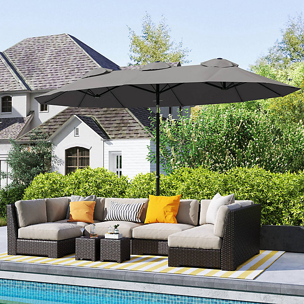 Parasol de jardin inclinable grande taille ouverture fermeture manivelle acier polyester haute densité gris