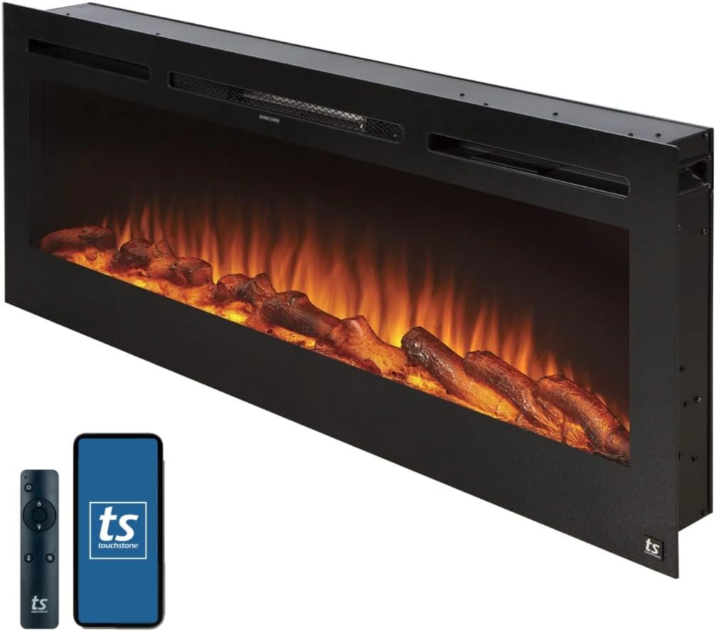 Touchstone Smart Electric Fireplace-The Sideline 50 Wide-in Wall Recessed - 30 Realistic Ember Color/Flame Options - 1,500W Heater w/Thermostat - Log & Crystal Hearth Options - Alexa/WiFi Enabled