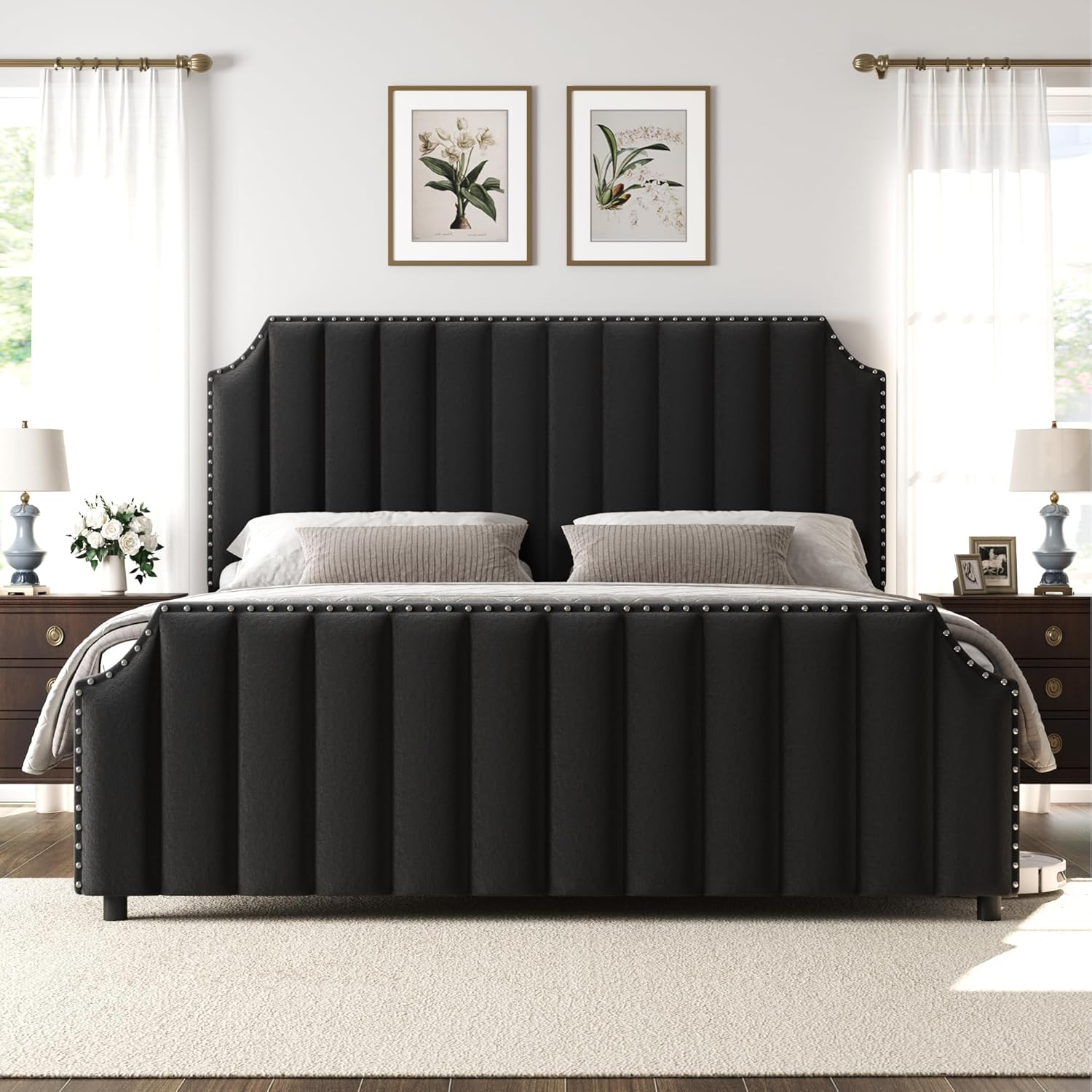 GarveeHome Queen Size Platform Bed Frame with 50.2 in Tall Headboard, Velvet Upholstered Bed Frame Queen with Vertical Channel Tufted Headboard & Footboard, Nailhead Trim, No Box Spring Needed, Black