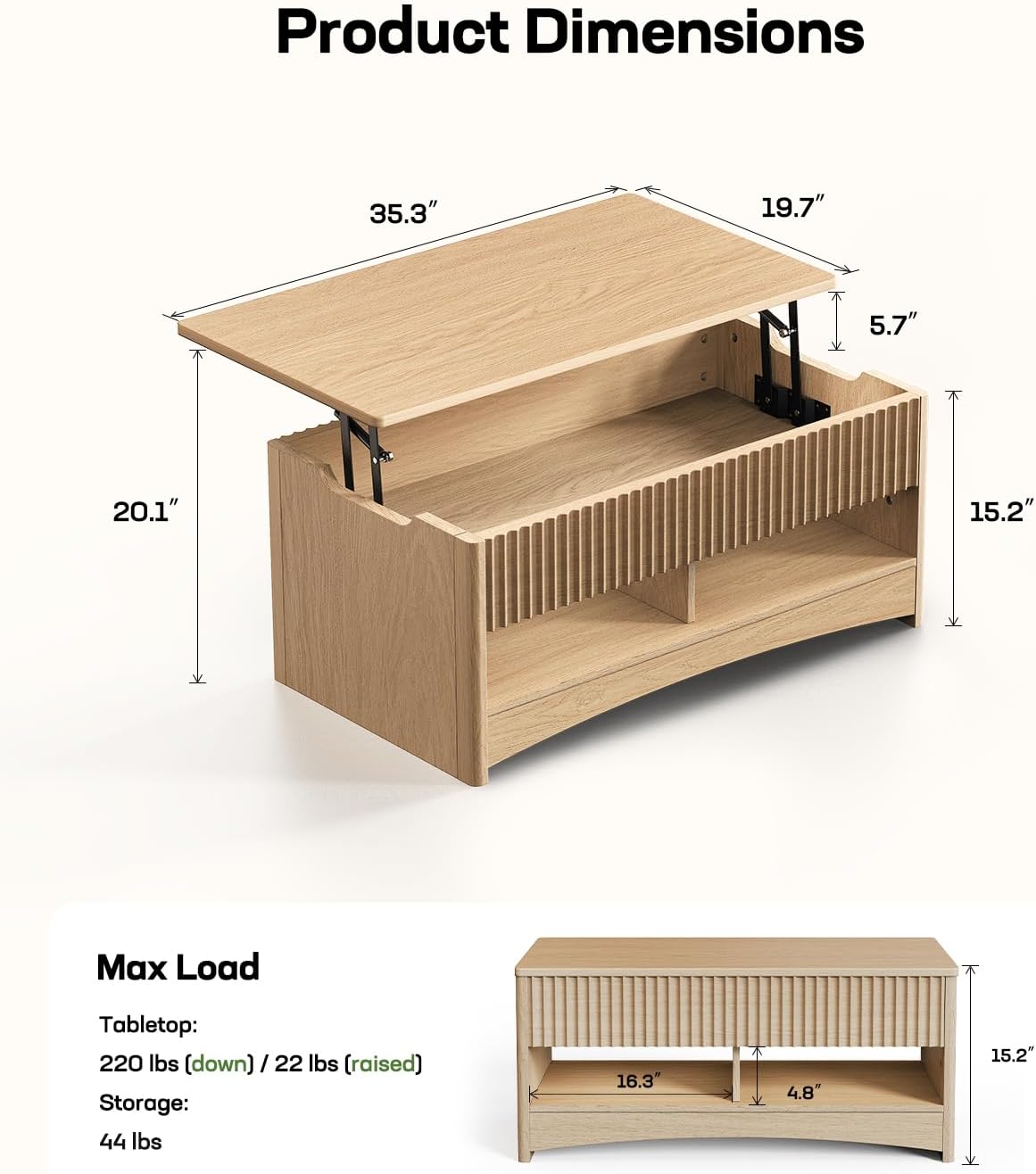 Marsail Lift Top Coffee Table with Open & Hidden Storage, Modern Fluted Coffee Table with Smooth Lift Mechanism, Sturdy Space-Saving Center Table for Home Living Room, Office, Natural Oak